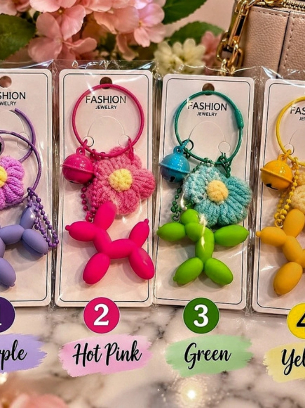 🐶🌸 Balloon Dog & Flower Keychain / Purse Charm – Choose Your Color